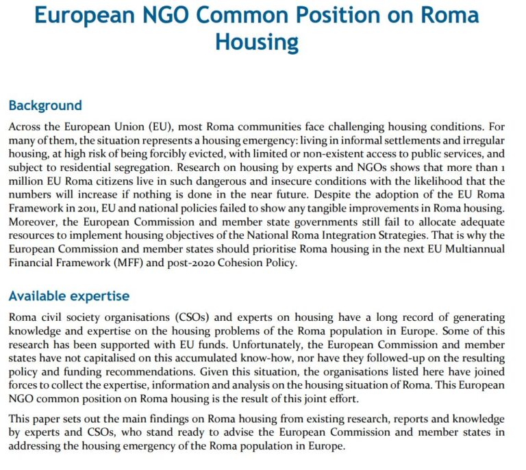 European NGO Common Position on Roma Housing