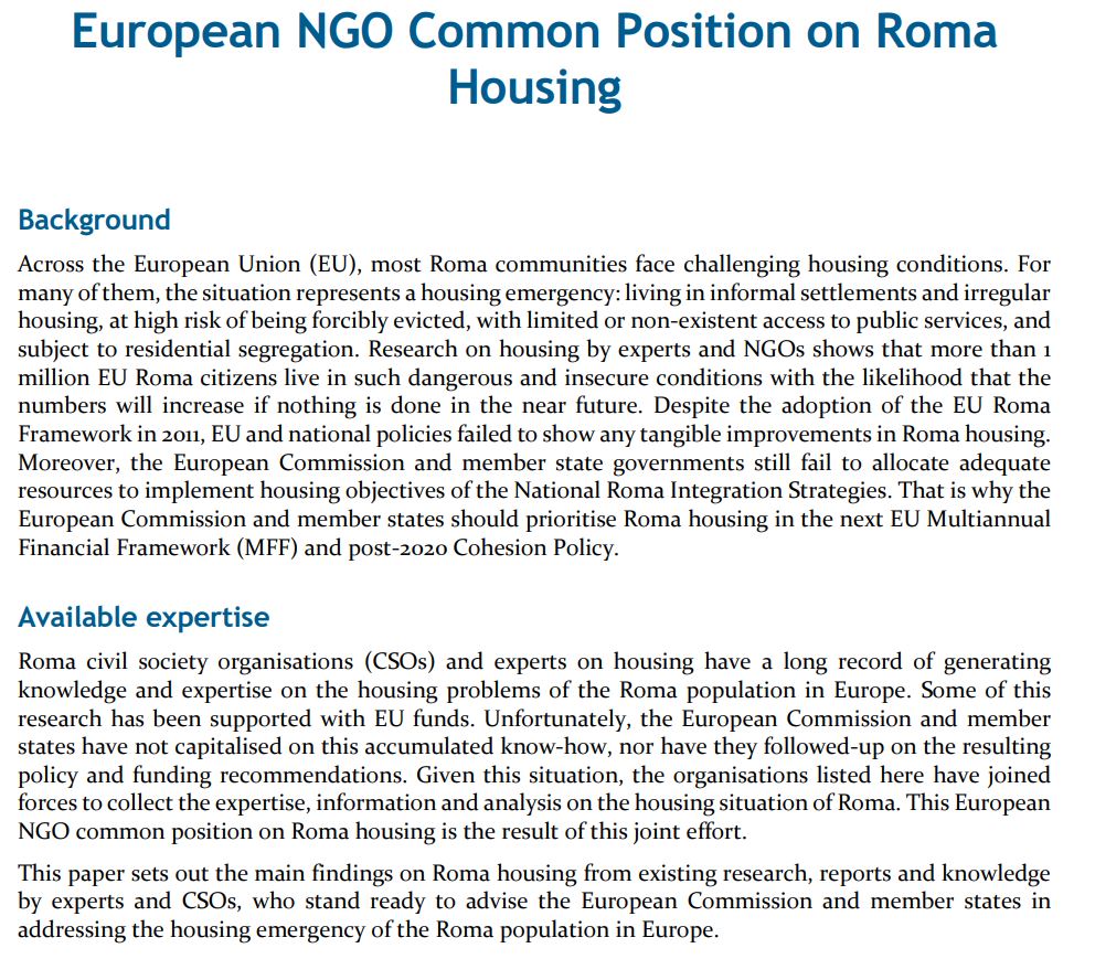 Image for European NGO Common Position on Roma Housing